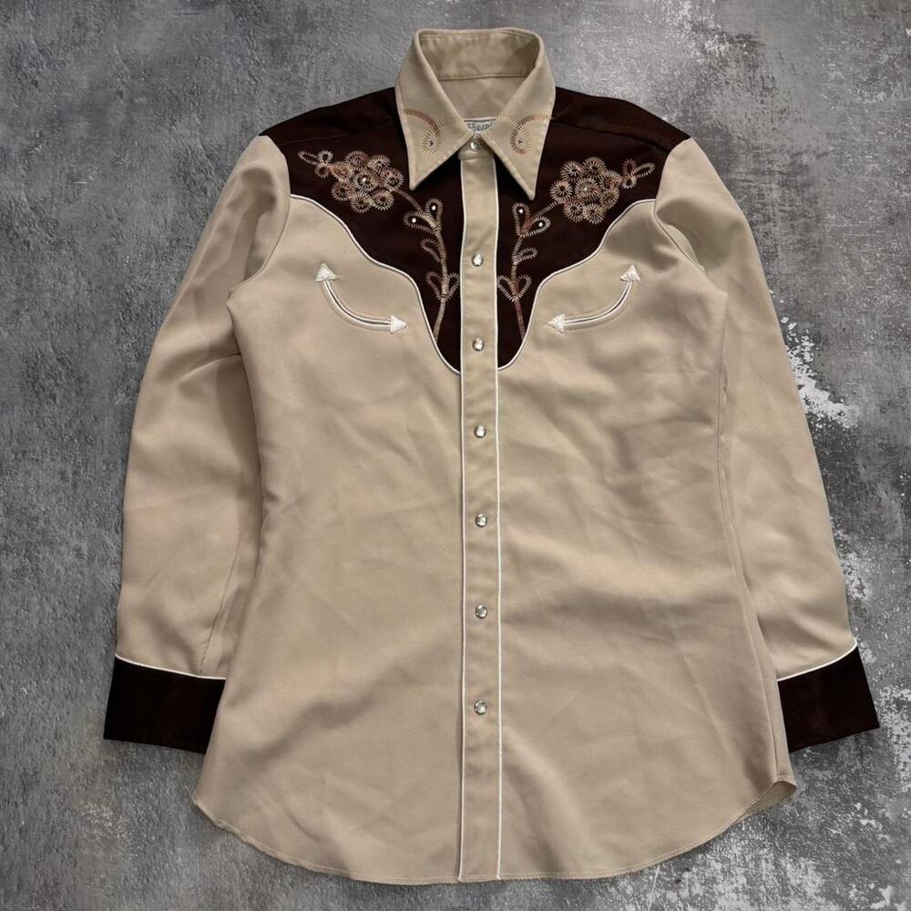 Vintage H Bar C California Western Shirt. Pearl Snaps Brown & Tan.